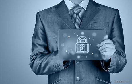 Businessman pushing virtual security button